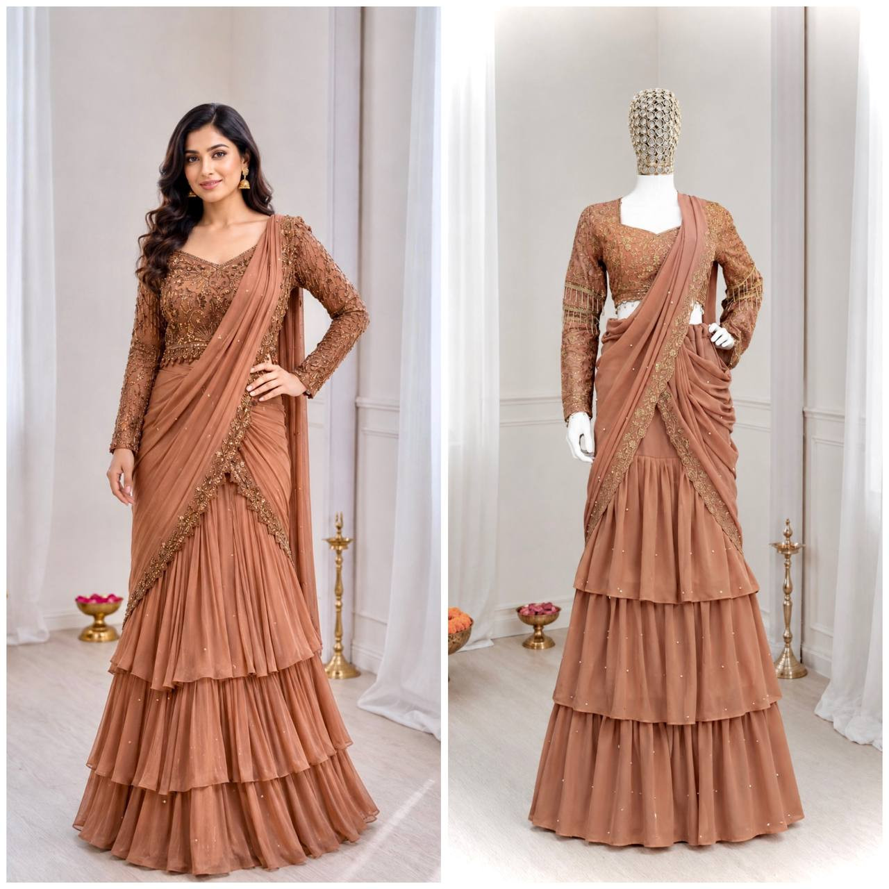 Premium Ready-to-Wear Lehenga Saree with Thread & Sequins Work | Faux Georgette | Unstitched Blouse
