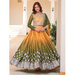 Embellished Semi-Stitched Chinon Lehenga Choli with Embroidered Dupatta & Full Sleeve Blouse
