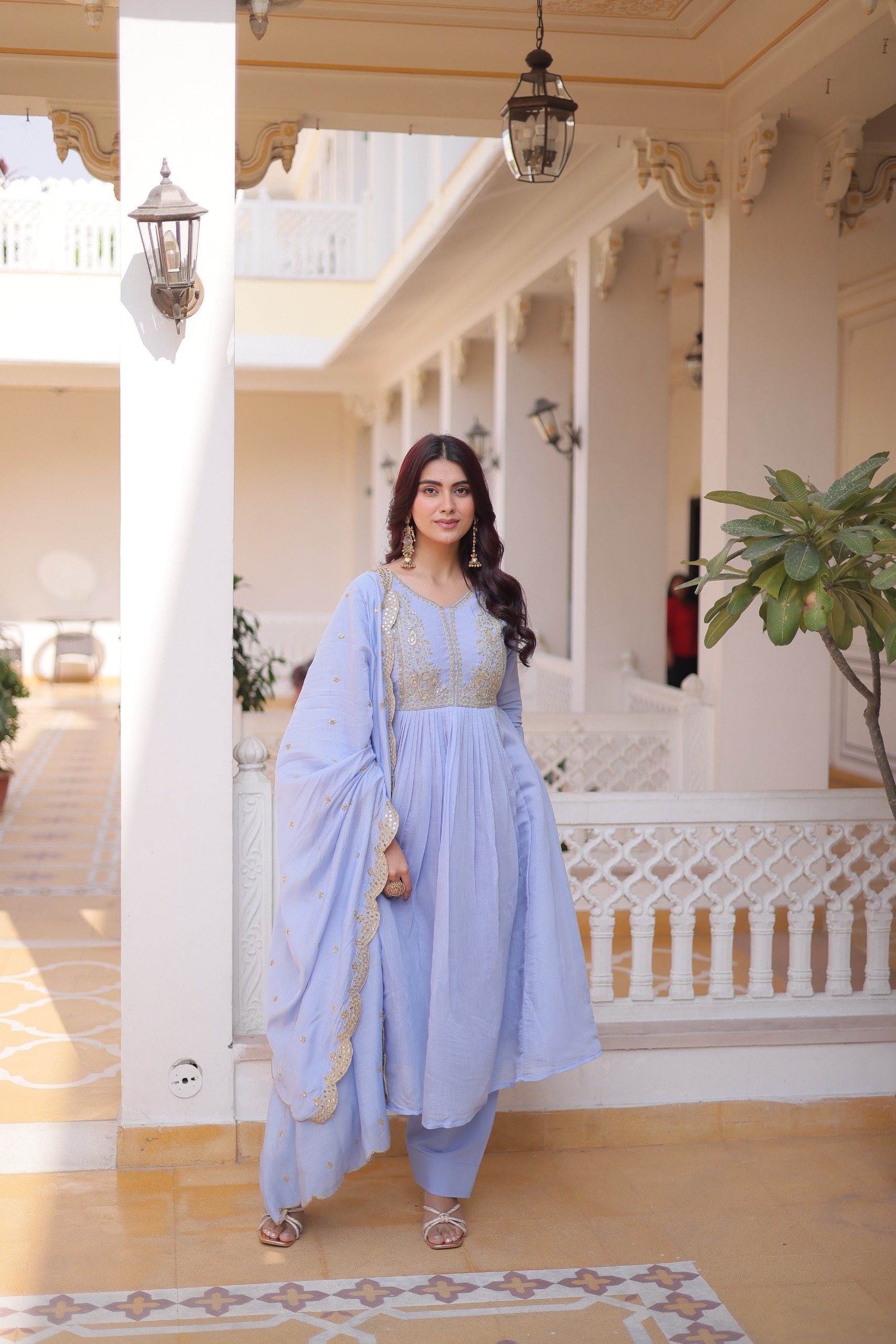 Women’s Mal Chanderi Embroidered Gown Pant Dupatta Set