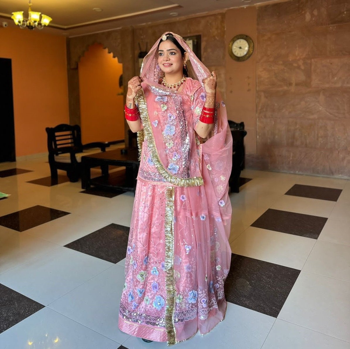 Pink Tissue Suit with Floral Butta Poshak