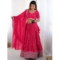Embellished Semi-Stitched Georgette Lehenga Choli with Dupatta (Pink) – Zari & Sequins Embroidery