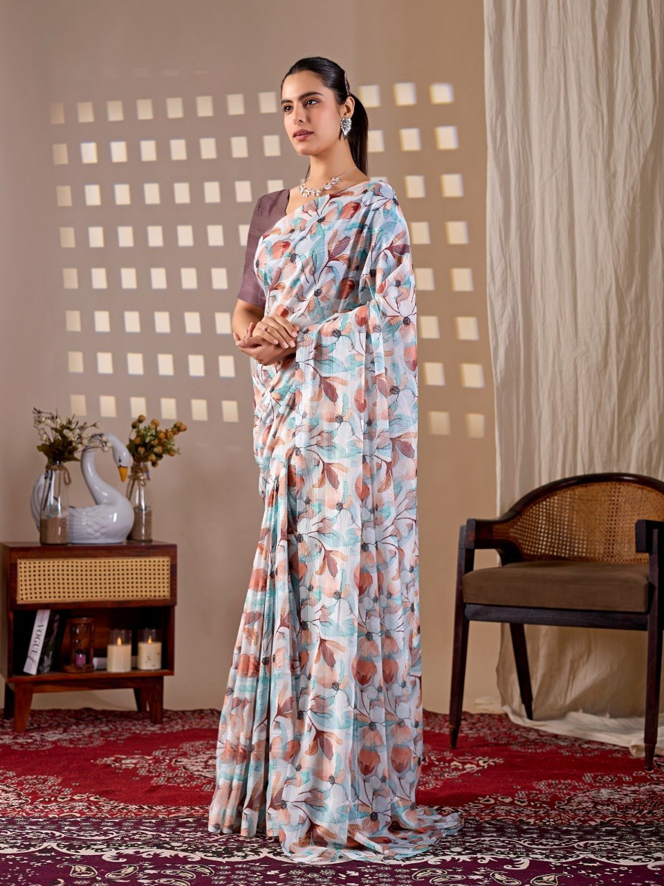 Premium Pastel Floral Printed Monsoon Saree with Matching Blouse