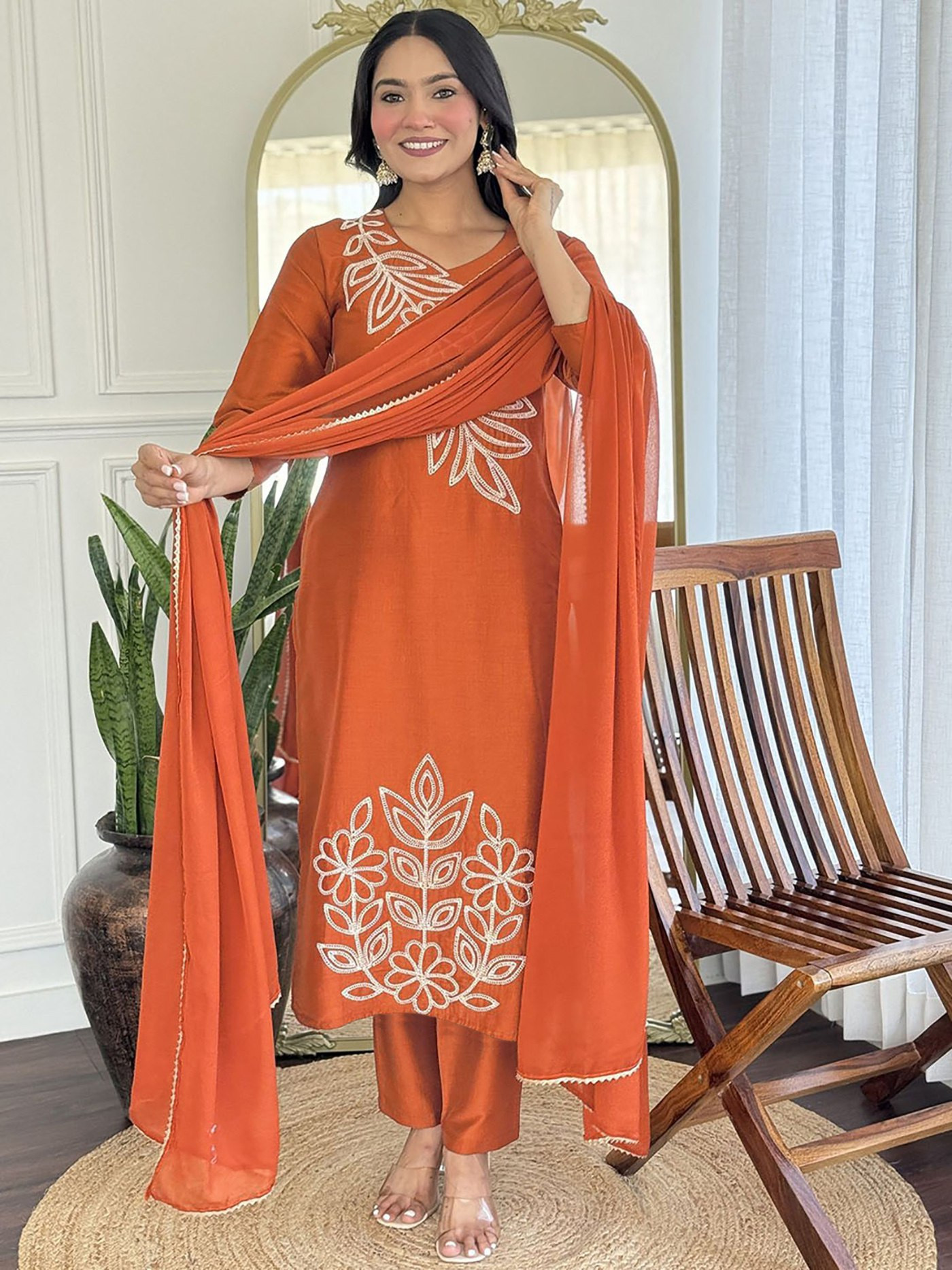 Elegant Orange Women’s Embroidered Kurta Pant Dupatta Set | Festive & Ethnic Wear