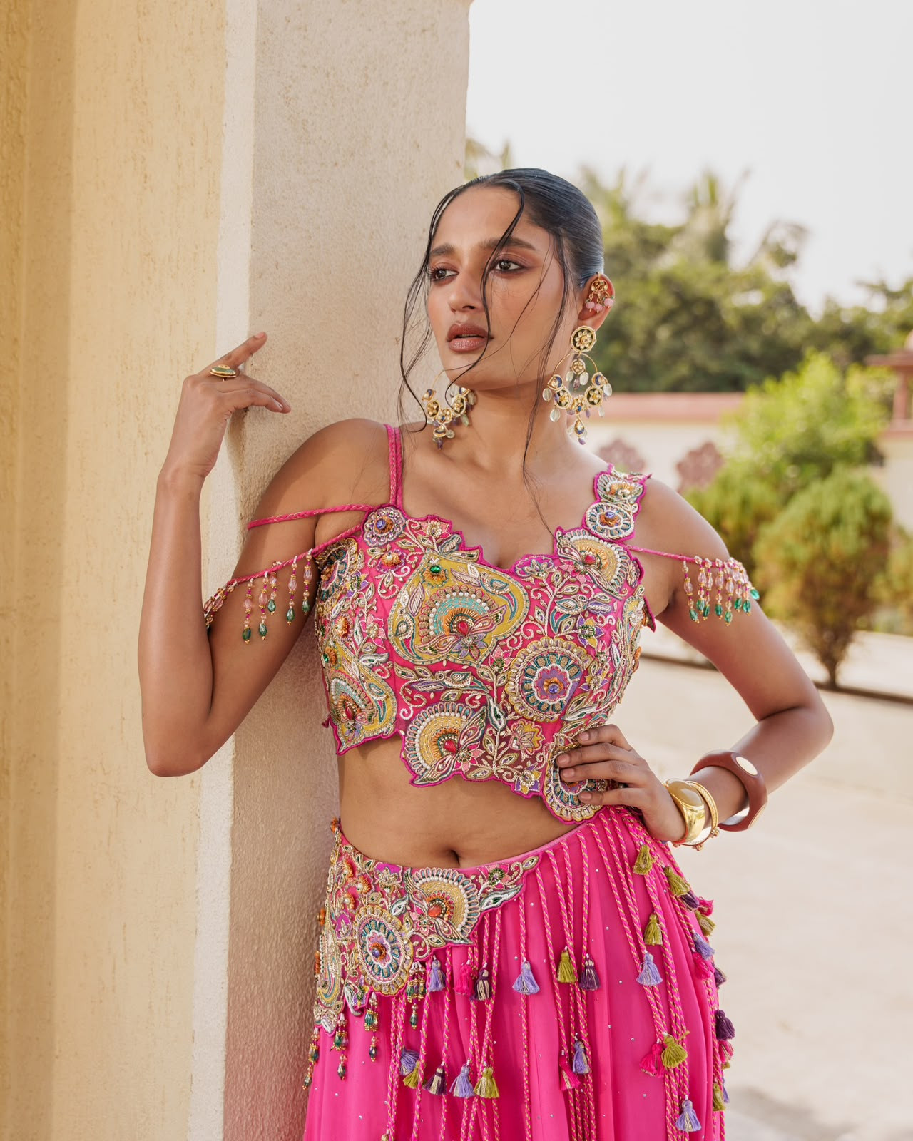 Noorani Pink Vichitra Silk Lehenga Choli Set with Multicolour Thread Embroidery, Sequins & Diamond Work
