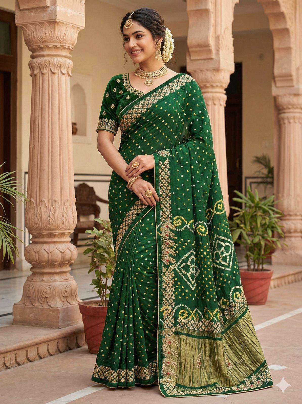 Gaji Silk Bandhani Saree with Handcrafted Gota Patti Work - Vibrant & Elegant