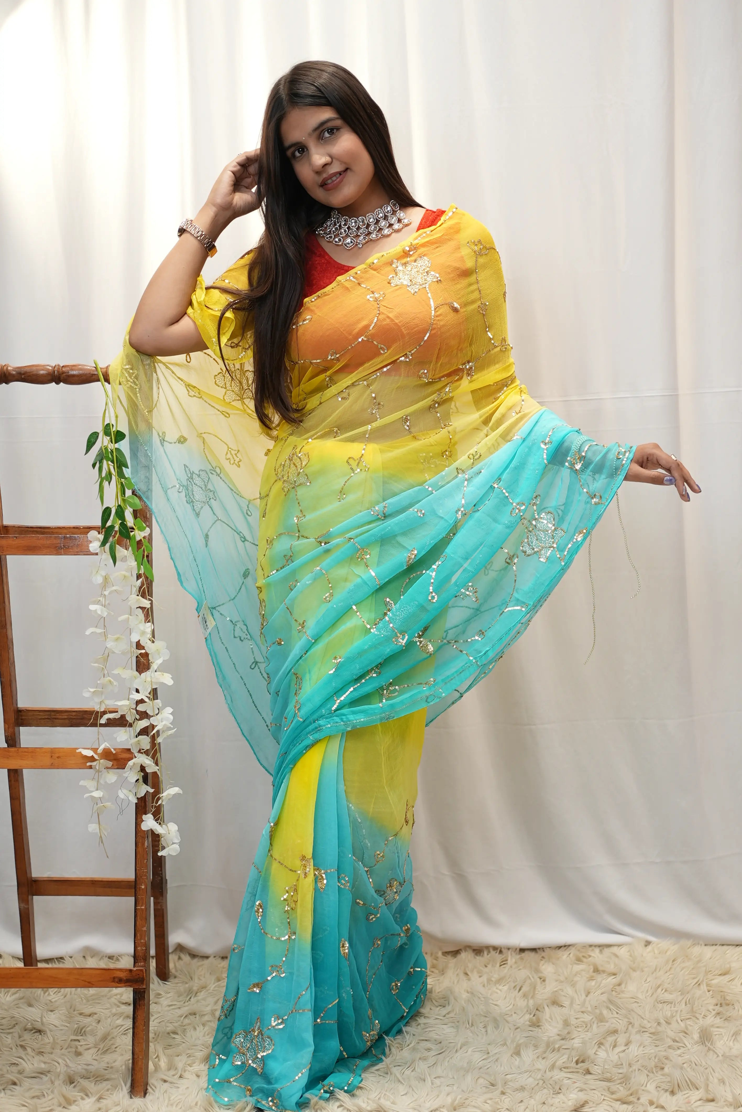 Pure Thakur Ji Chiffon Vintage Work Aari Taari Saree (With Blouse)