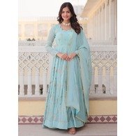 Women’s Jacquard Silk Kurta Pant Dupatta Set – Woven Design, Blue
