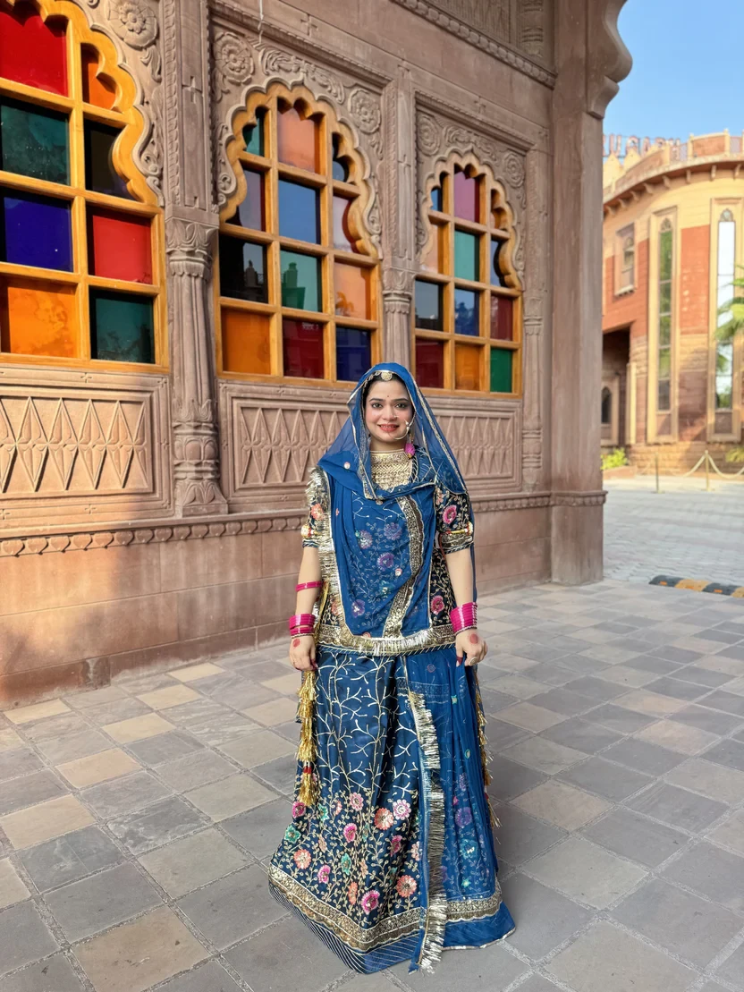 Blue Rajputi Poshak with Delicate Flower Embroidery Work Lehanga
