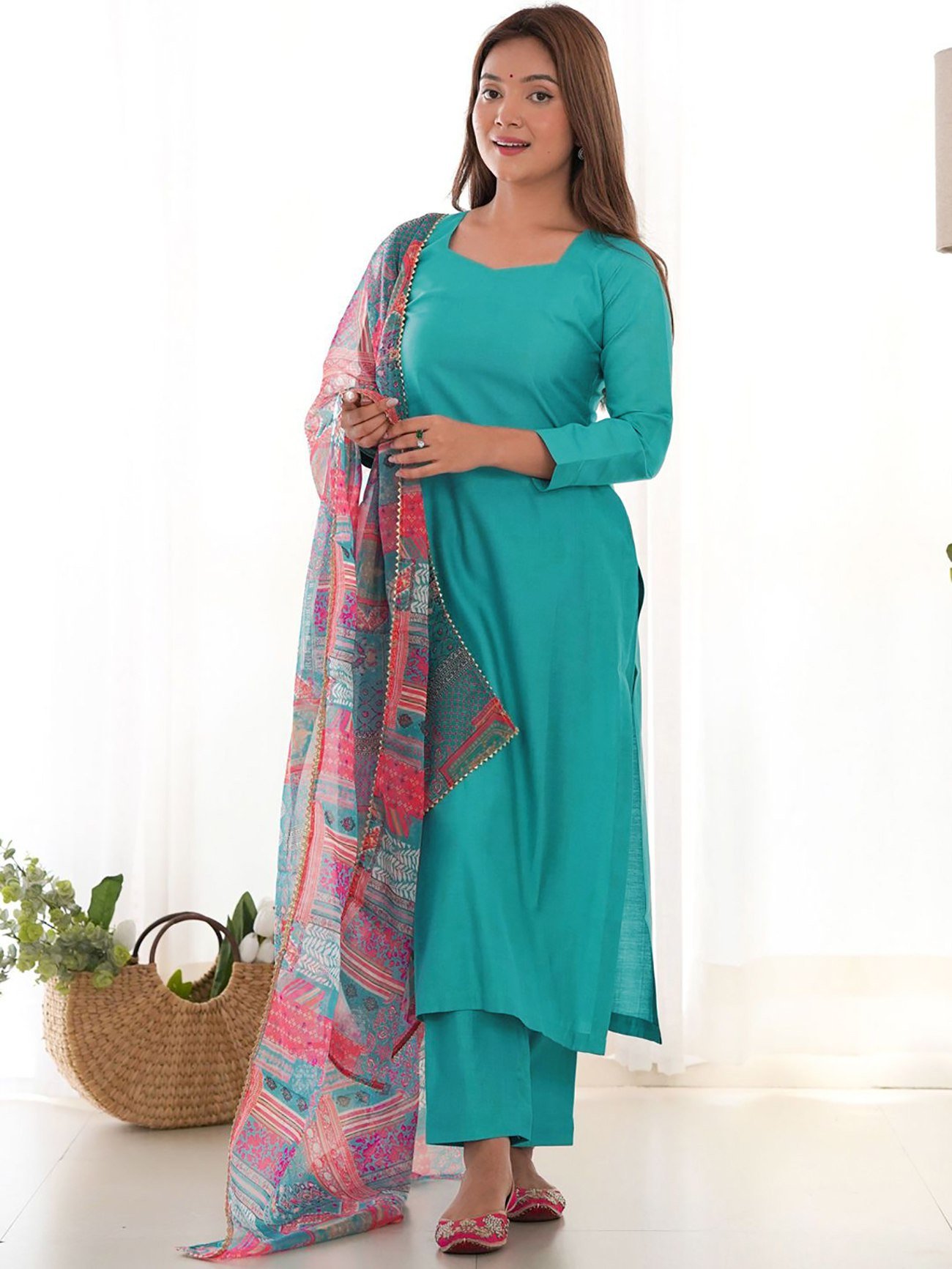Women’s Roman Silk Kurta Pant Dupatta Set with Digital Printed Georgette Dupatta – Rama Color