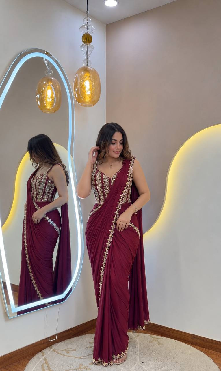 Premium Wine Ready-to-Wear Crepe Silk Saree with Golden Foil Embroidery & Belt