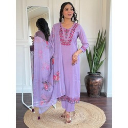 Lavender Embroidered Tesla Kurta Pant Dupatta Set for Women | Elegant 3-Piece Festive Wear