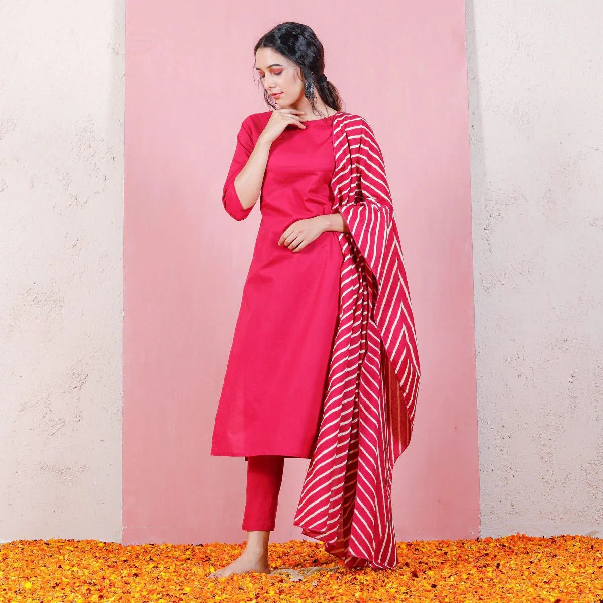 Premium Pink Roman Silk Kurta Pant Dupatta Set for Women | Elegant Solid Silk Suit Set