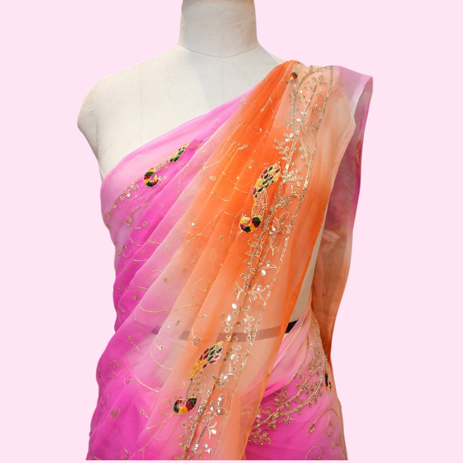 Multicolor Royal Georgette Darbari Saree with Peacock & Jaal Design
