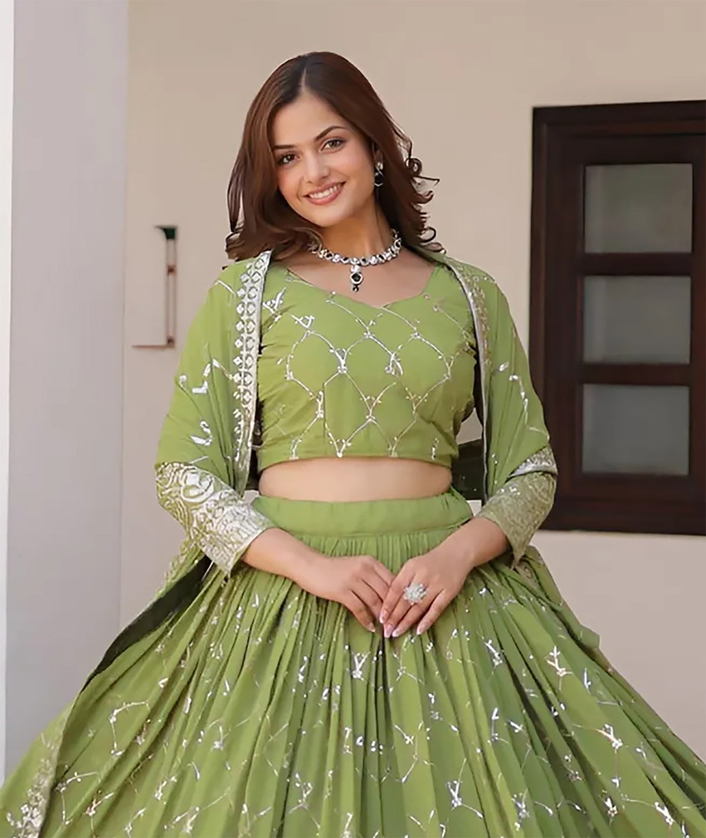 Embellished Semi-Stitched Georgette Lehenga Choli with Dupatta – Pista Green | Zari & Sequin Work