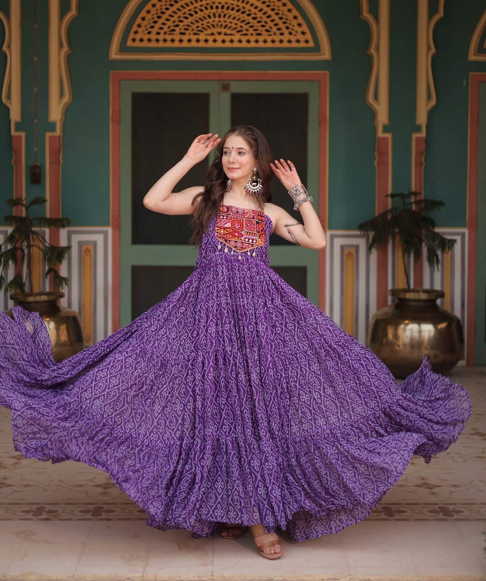 Navratri 2025 Bandhani Gown – Kutchi Patchwork | 12 Meter Flair | Maroon, Black, Purple