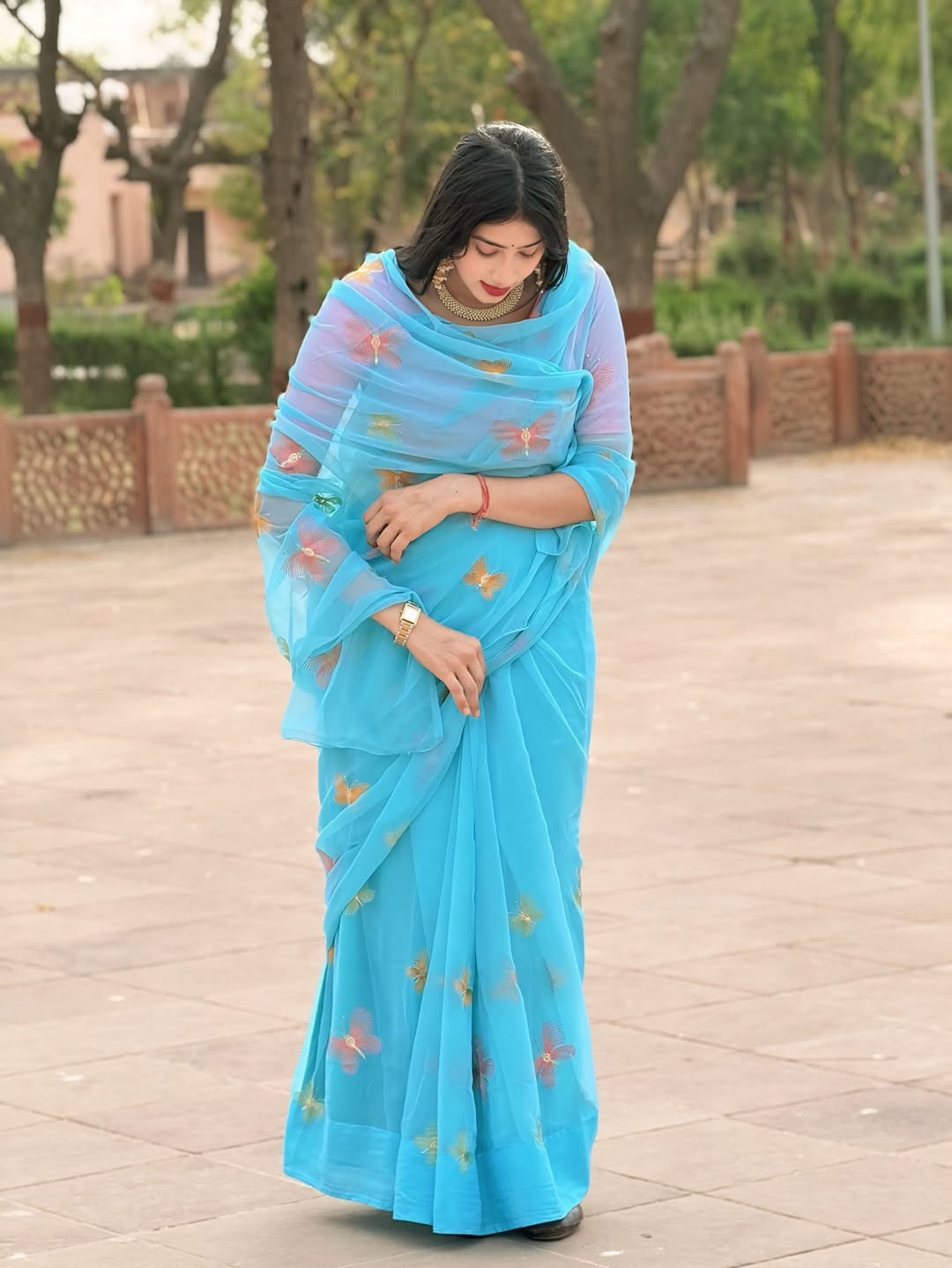 Butterfly Embroidered Royal Georgette Rajwadi Saree