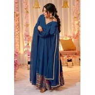 Embroidered Georgette Stitched Anarkali Gown with Dupatta – Blue | Full Sleeve, Party Wear