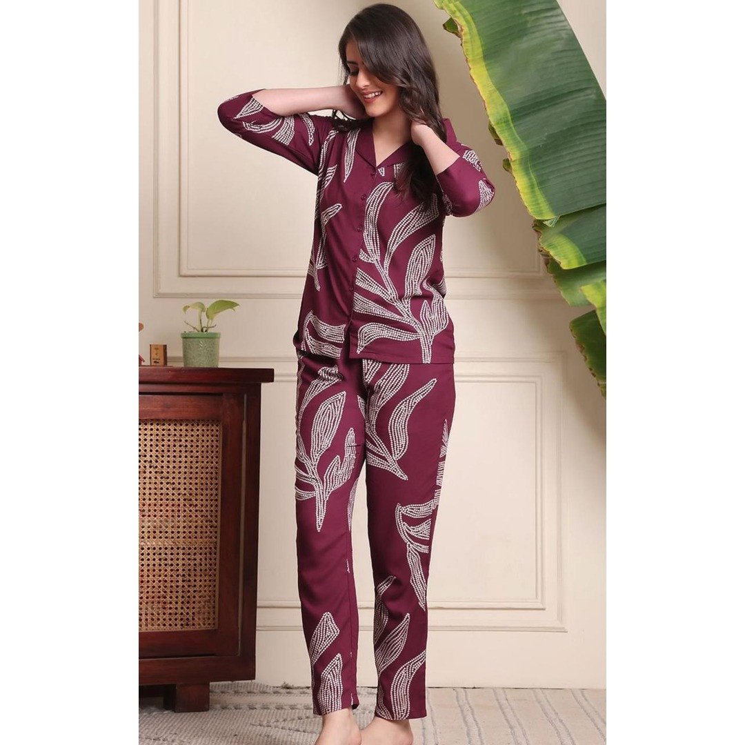 Purple Abstract Night Suit Set For Women
