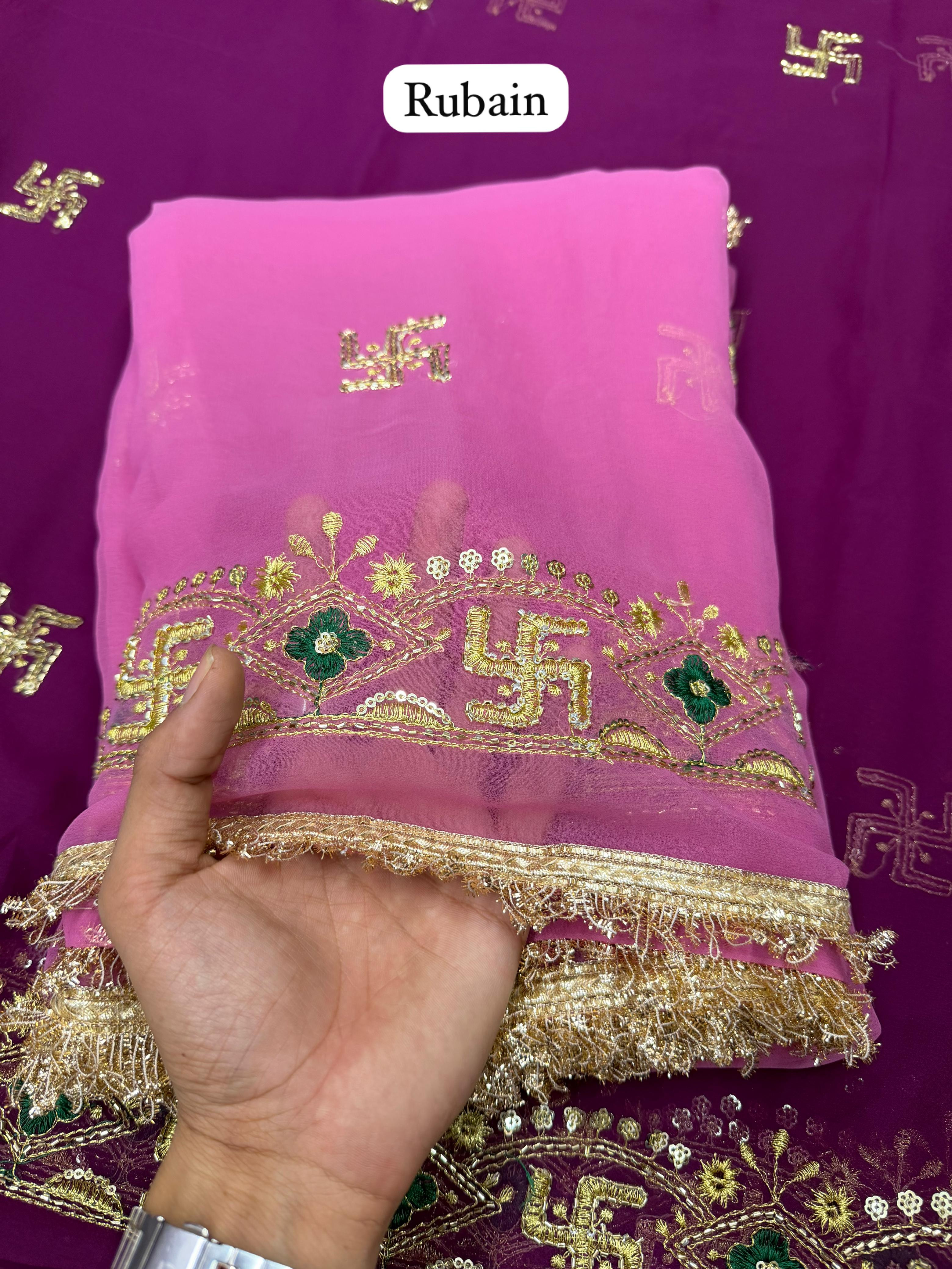 Premium Swastik Symbol - Royal Georgette Saree with Elegant Hand Katdana Work