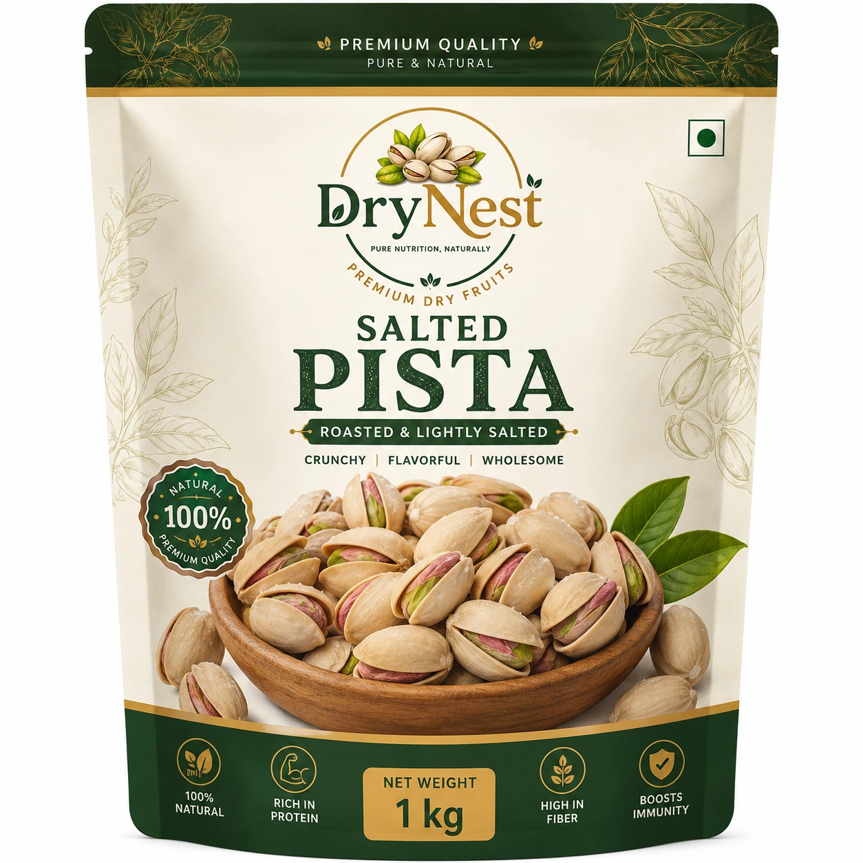 DryNest Premium Salted Pista (Roasted & Lightly Salted Pistachios) 1kg | Crunchy Premium Pistachios