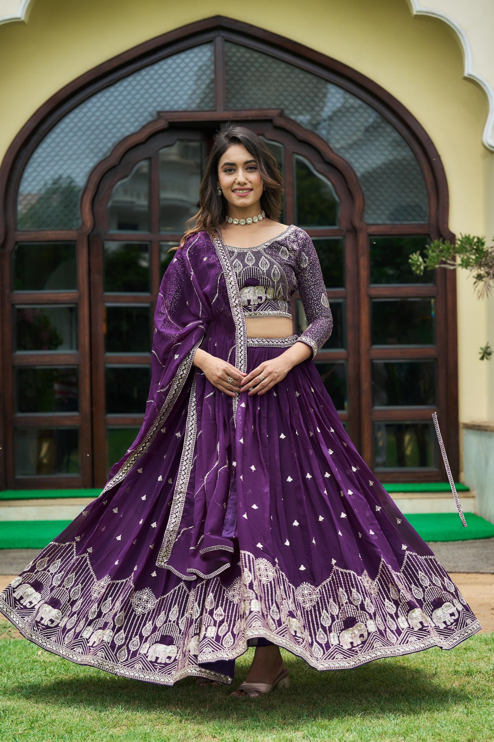 Embellished Purple Semi-Stitched Georgette Lehenga Choli with Dupatta – Zari & Sequin Work