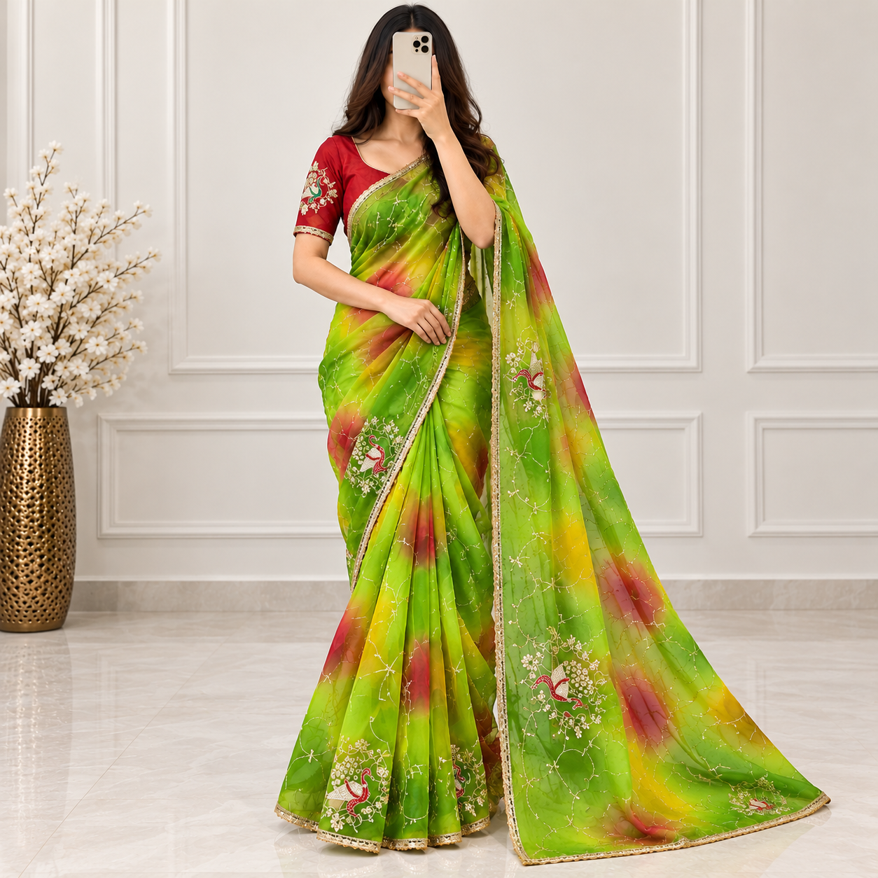 Premium Royal Georgette Multicolour Peacock Sequence Work Saree with Matching Contrast Blouse