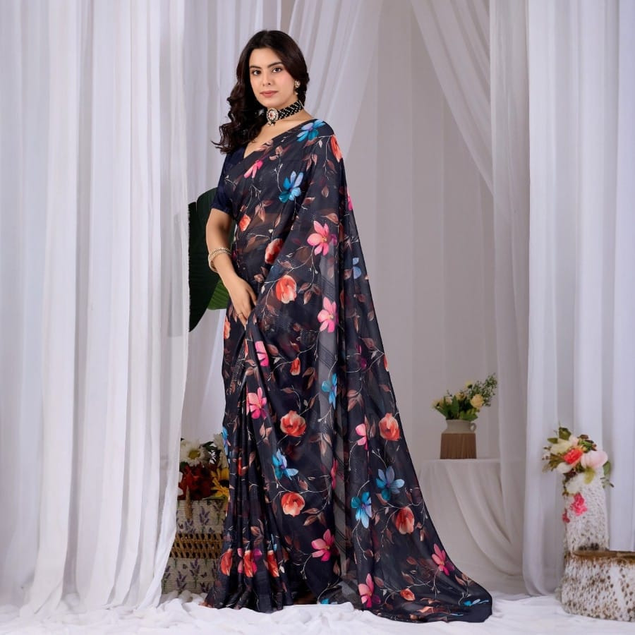 Premium Pastel Floral Digital Print Monsoon Saree with Matching Blouse