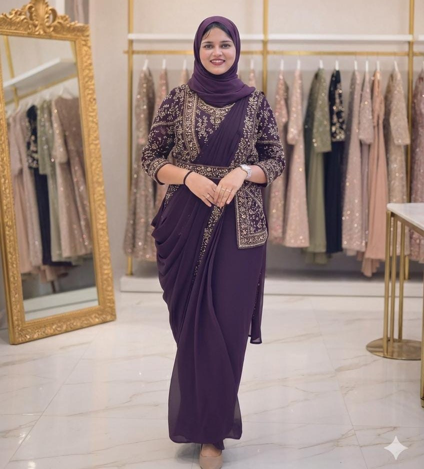 Designer Ready-to-Wear Jacket Saree with Embroidered Belt – Faux Georgette Party Wear