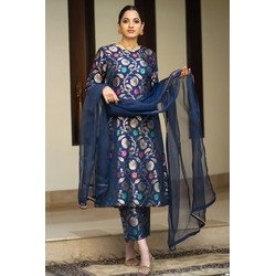 Elegant Blue Silk Jacquard Kurta Pant Dupatta Set for Women | Woven Design Festive Ethnic Wear