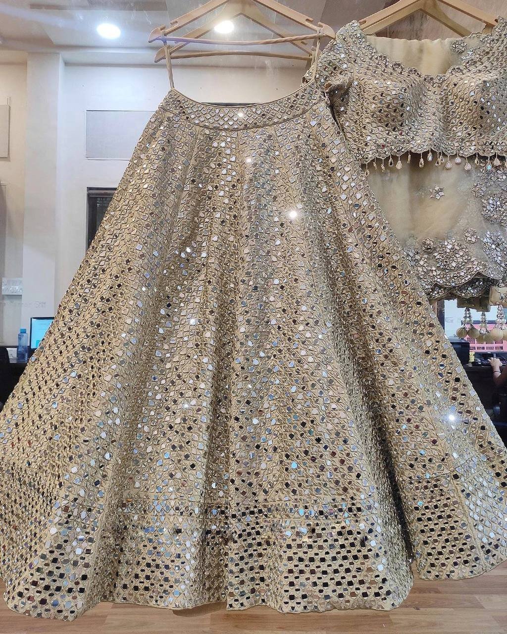Luxury Real Mirror Work Lehenga in Mono Satin Silk with Can-Can & Canvas Layers
