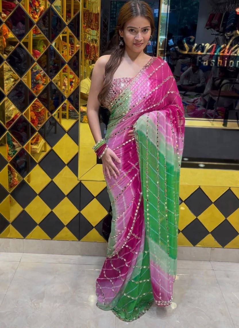 Faux Georgette Beads & Real Mirror Digital Print Work Saree