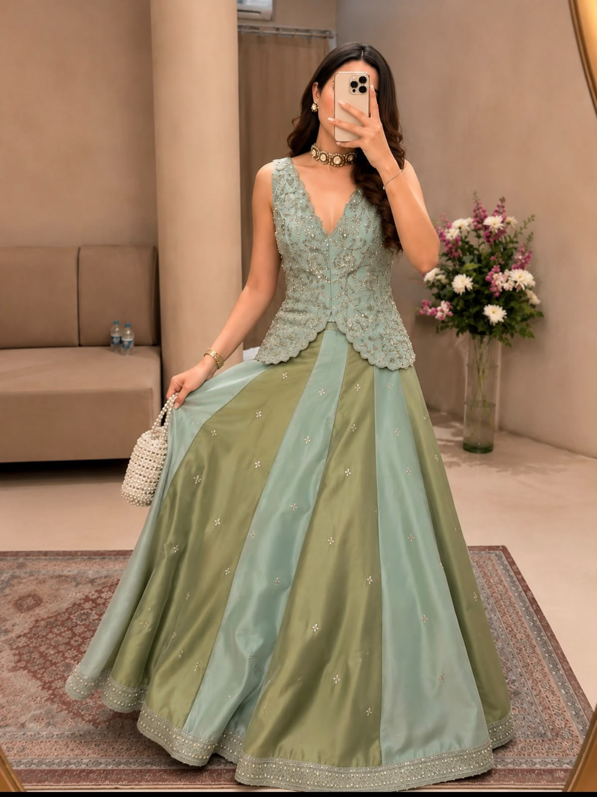 Premium Chinon Silk Embroidery Butta Lehenga Choli | 4 Meter Flare | Semi Beads Lace Work | Stitched Lehenga Set