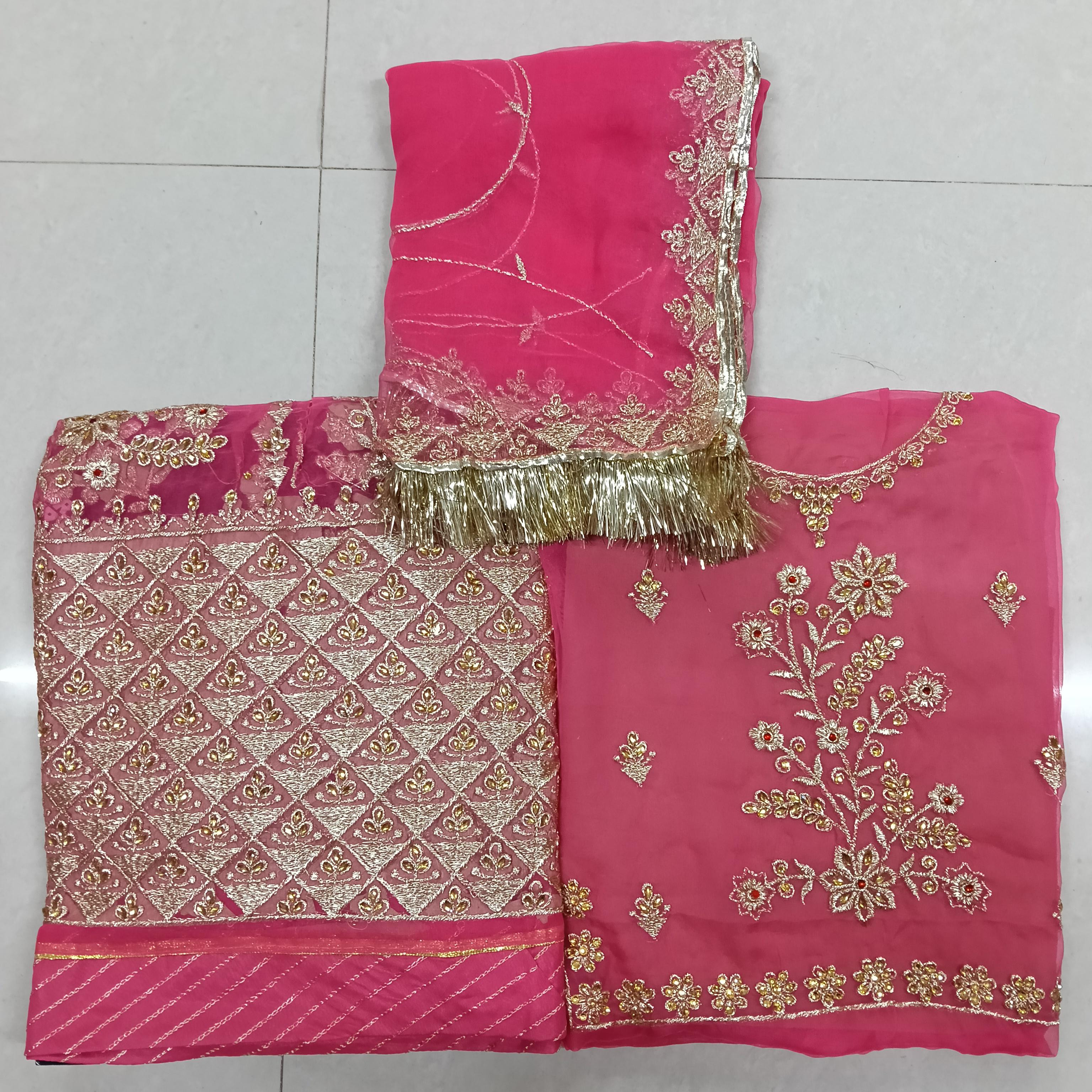 Premium Designer Poshak Set – Heavy Pure Half Fabric with Fancy Chapat Zari, Kundan Stone Work & Contrast Odhni