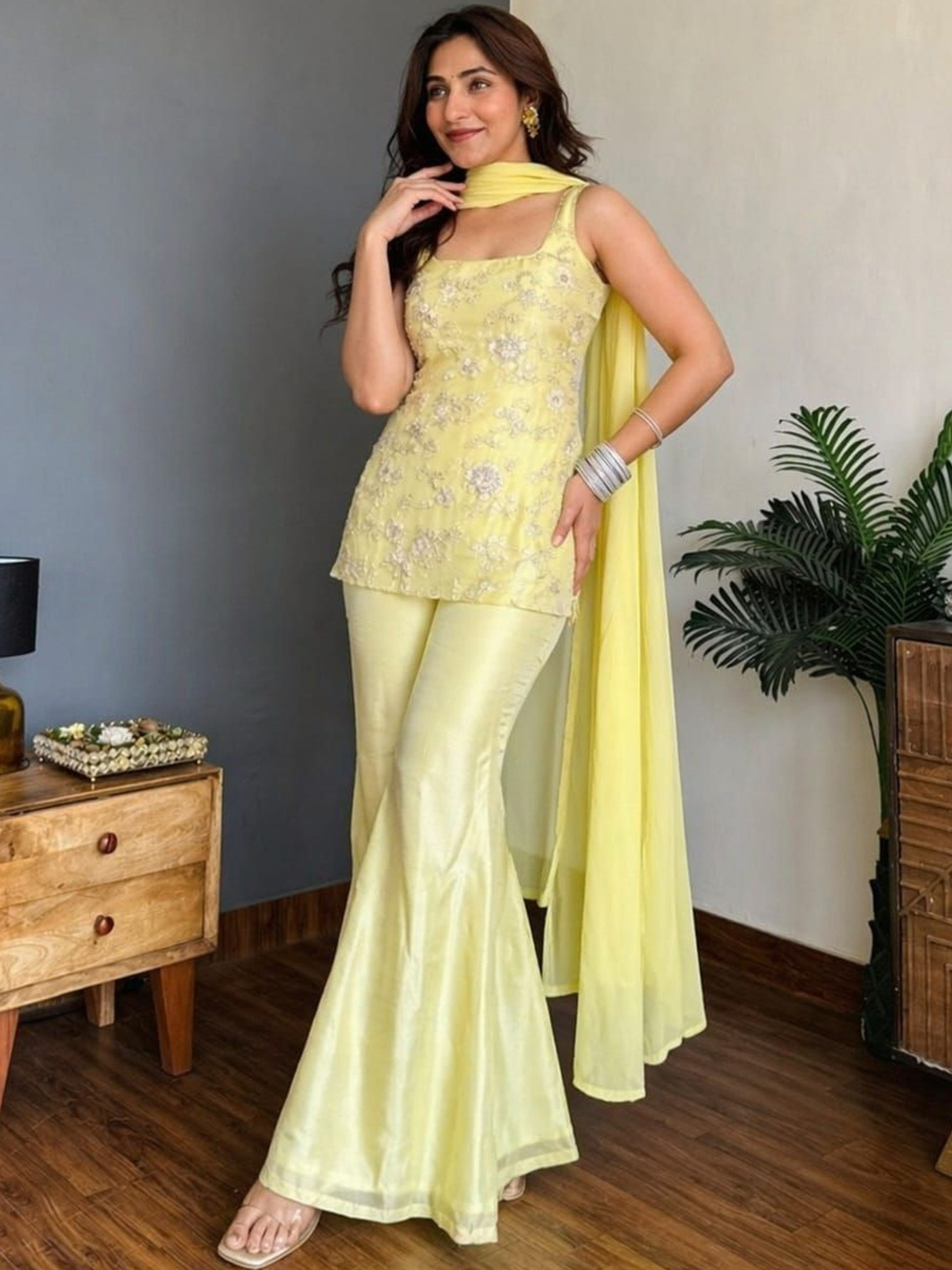 Premium Yellow Faux Georgette Embroidered Kurta Palazzo Set With Dupatta