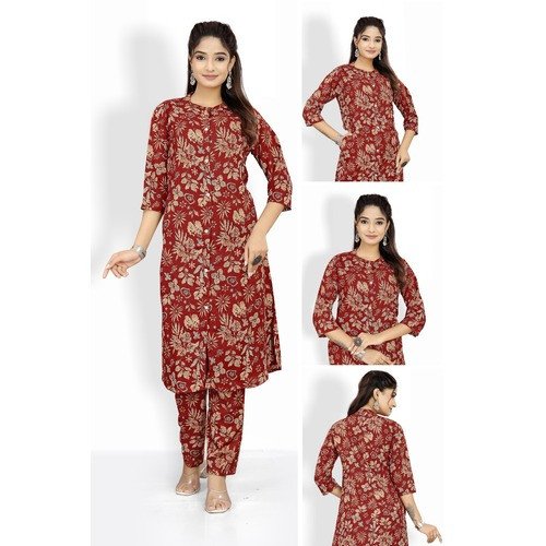 Graceful Maroon and Brown Rayon Kurti-Pant Set for Women
