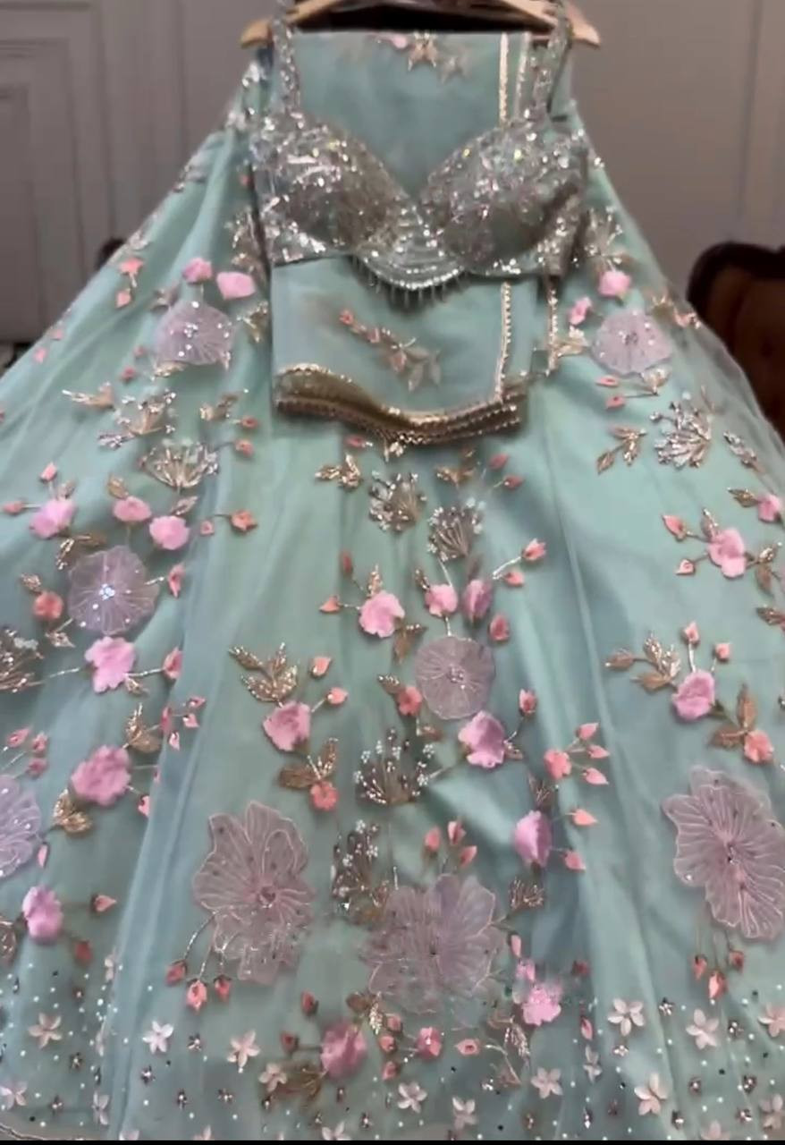 4 Meter Flared Tabby Silk Lehenga Set with Pearl & Sequin Embroidery | Premium Quality with Can-Can & Canvas Layers