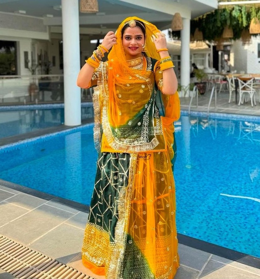 Yellow Green Partywear High Organza Poshak With Sequence Work