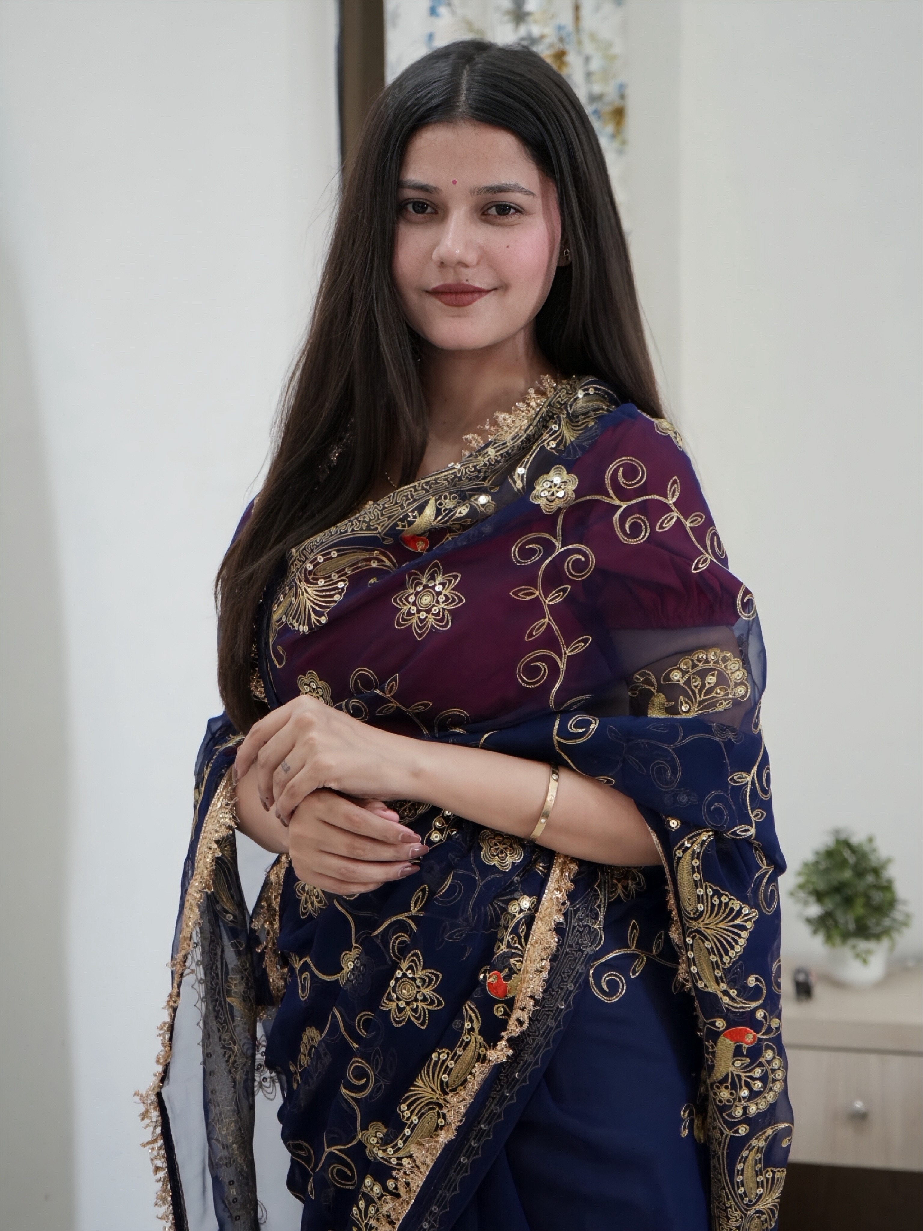 Premium Navy Blue Royal Georgette Rajwadi Saree with Blouse
