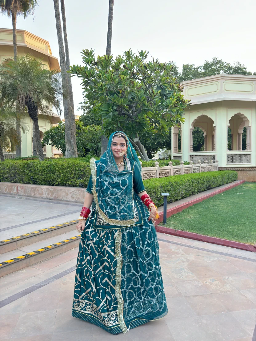 Teal Colour Satin Rajputi Poshak Lehanga Set