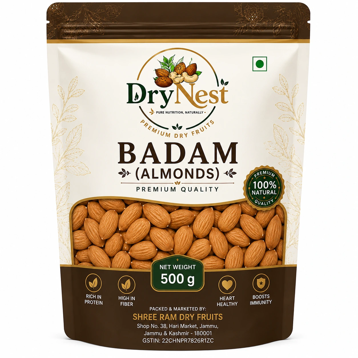 DryNest Premium Regular Badam (Almonds) 500g | 100% Natural Whole Almonds