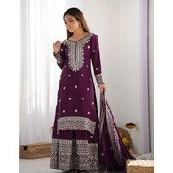 Amrutam Women’s Embroidered Chinon Kurta Sharara Set with Dupatta – Purple Trendy Ethnic Wear