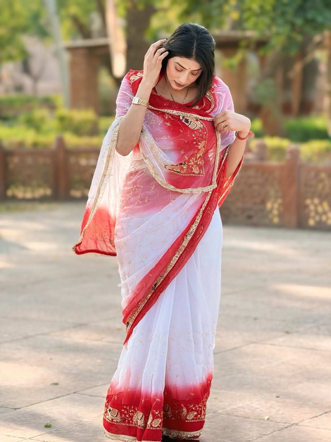 Designer Elephant Embroidered Faag Saree – Georgette Sequence Work (5.5 Mtr)