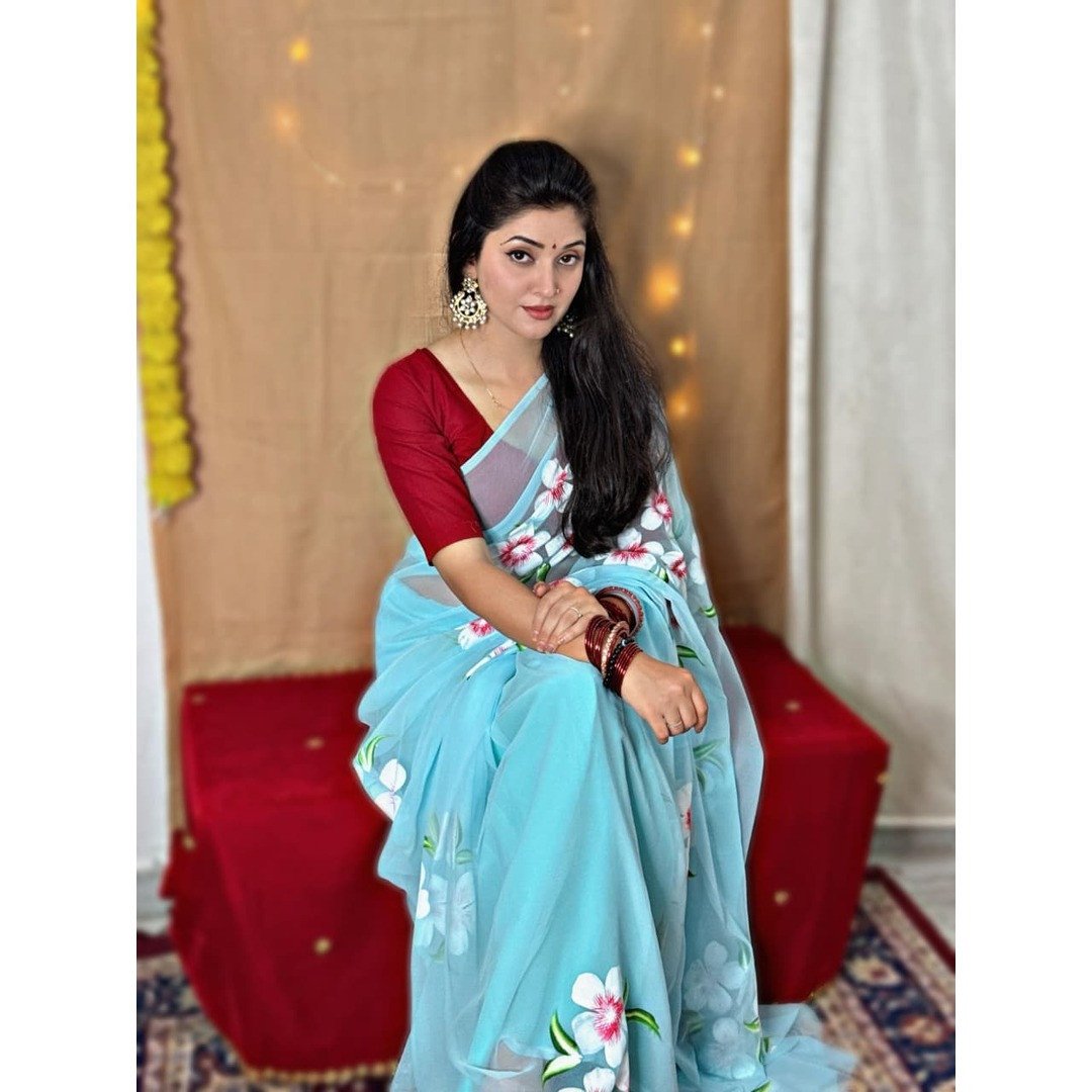 Thakurji Georgette Saree – Brush Print | Branded Rajwadi Collection