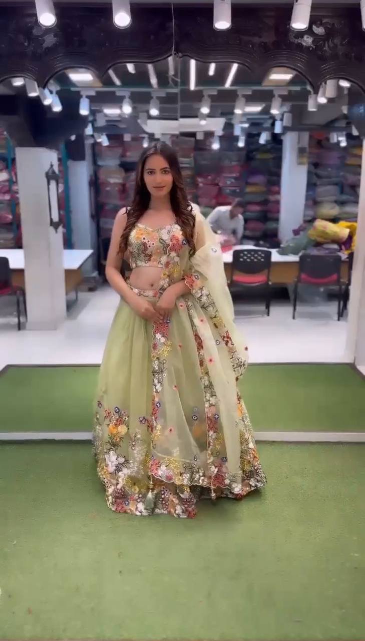 Multi-Thread Embroidered Lehenga with Can-Can & Canvas Layers | Super Organza Silk | Semi-Stitched Glamorous Set