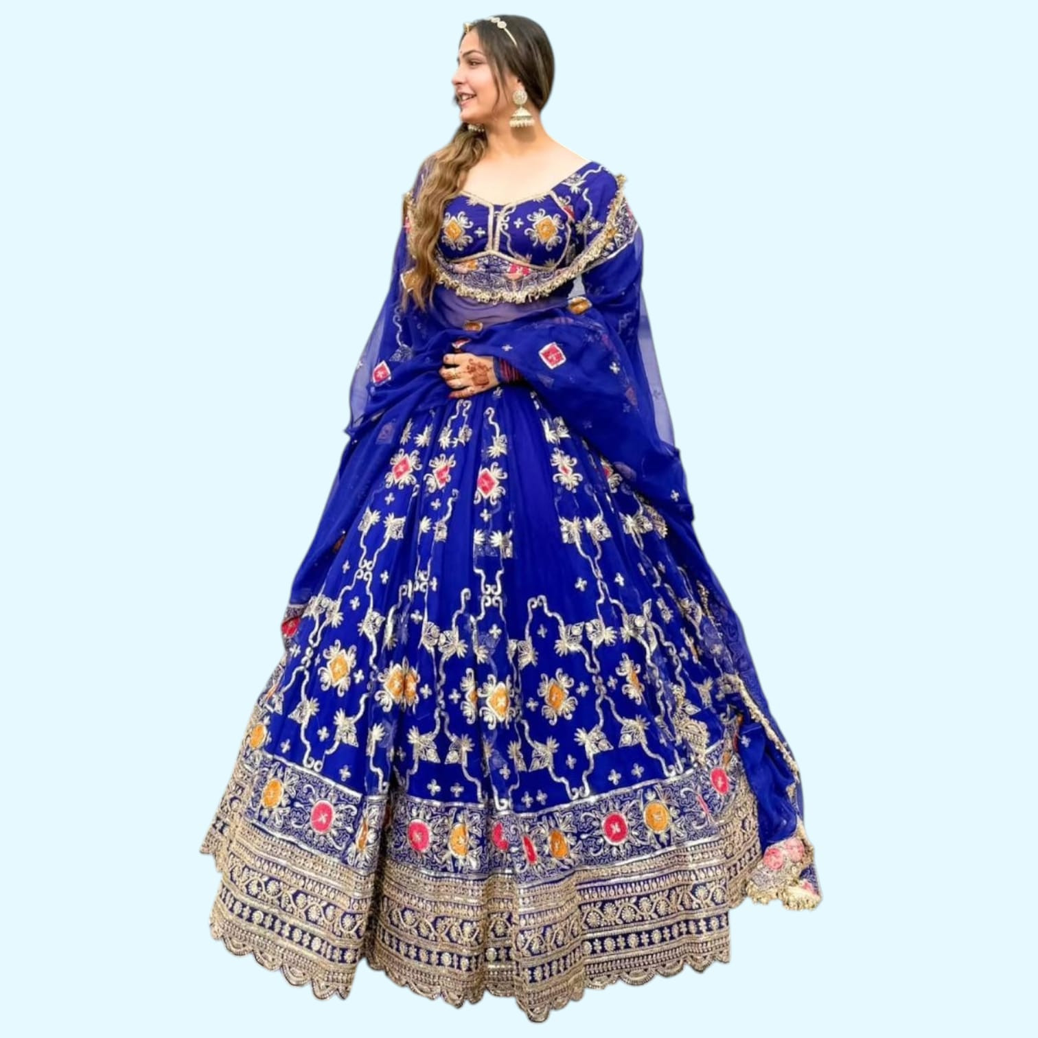Designer 4 Mtr Gher Lehenga Suit — Premium Blooming Georgette with Heavy Humrahi Odhani