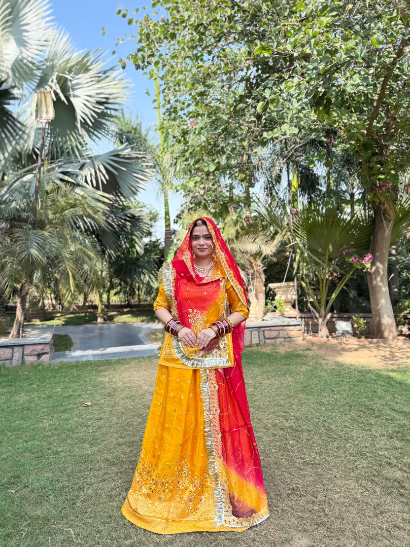 Trendy Sunehri Poshak With Light Tissue Suit with Hamrahi Odhna