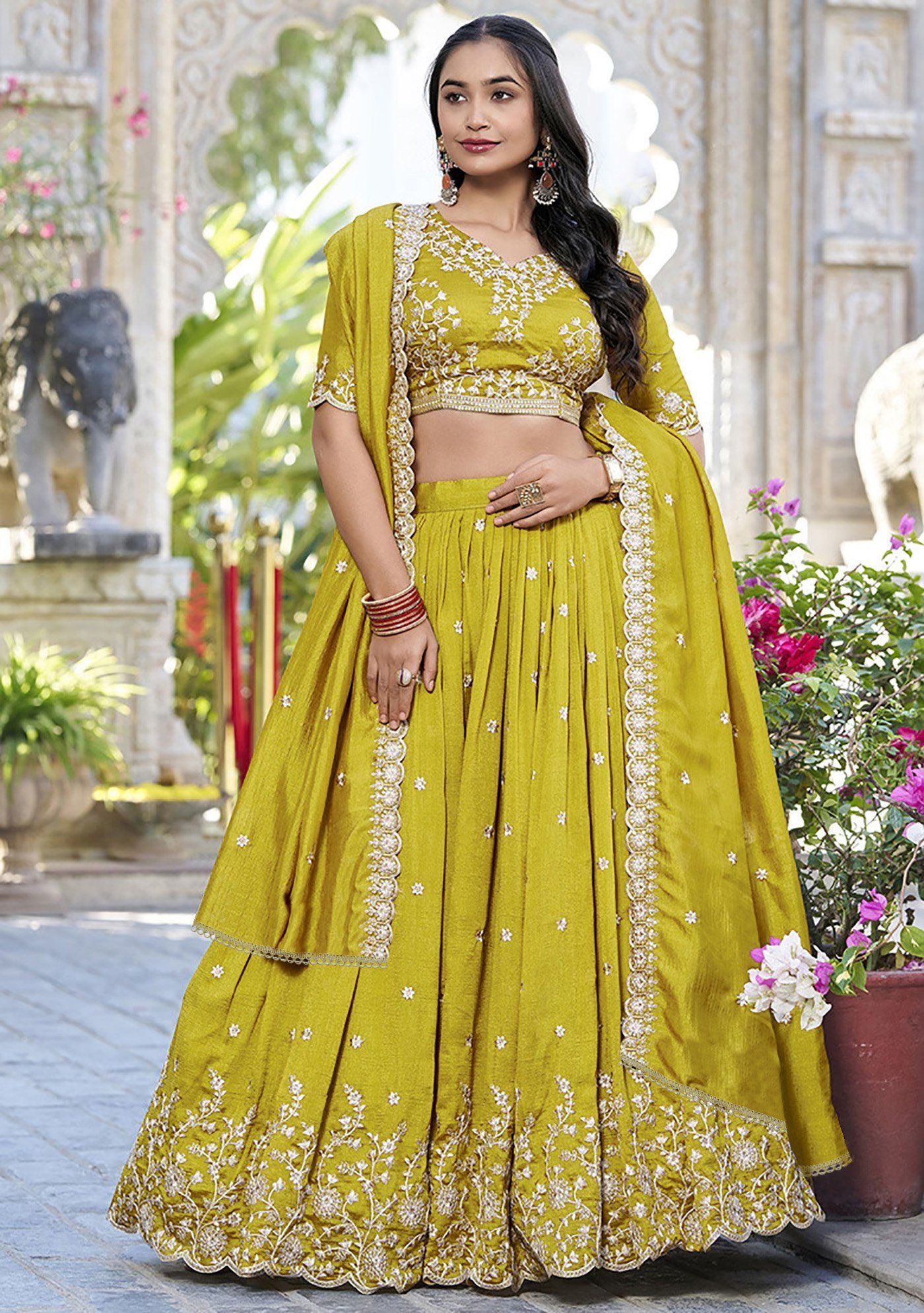 Elegant Chinon Semi-Stitched Embroidered Lehenga Set with Dupatta & Unstitched Blouse