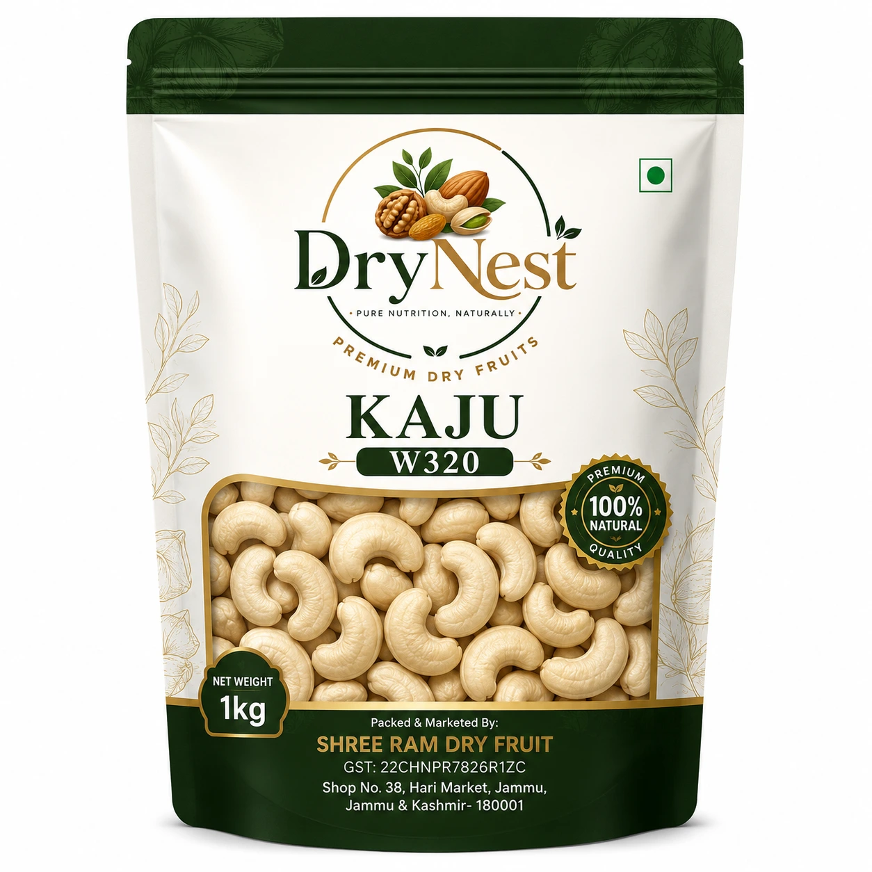 DryNest Premium W320 Cashew Nuts (Kaju) – 1kg