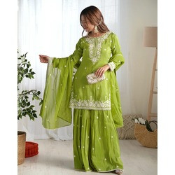 Elegant Light Green Embroidered Chinon Kurta Sharara Dupatta Set for Women