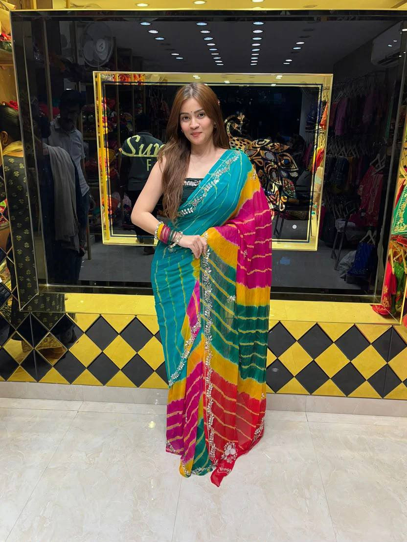Faux Georgette Beads & Real Mirror Digital Print Saree